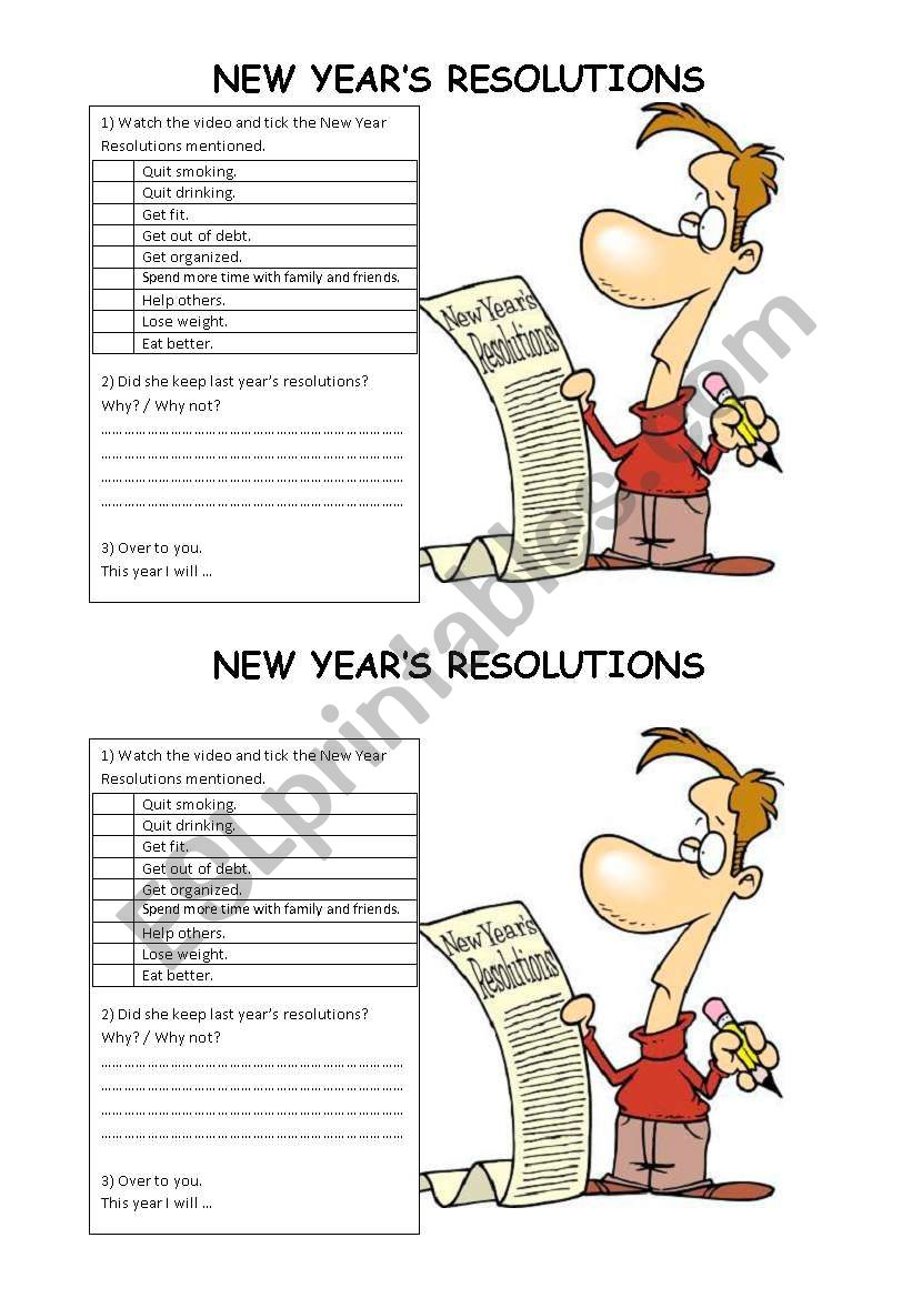 New Year´s Resolutions Esl Worksheet By Memarta