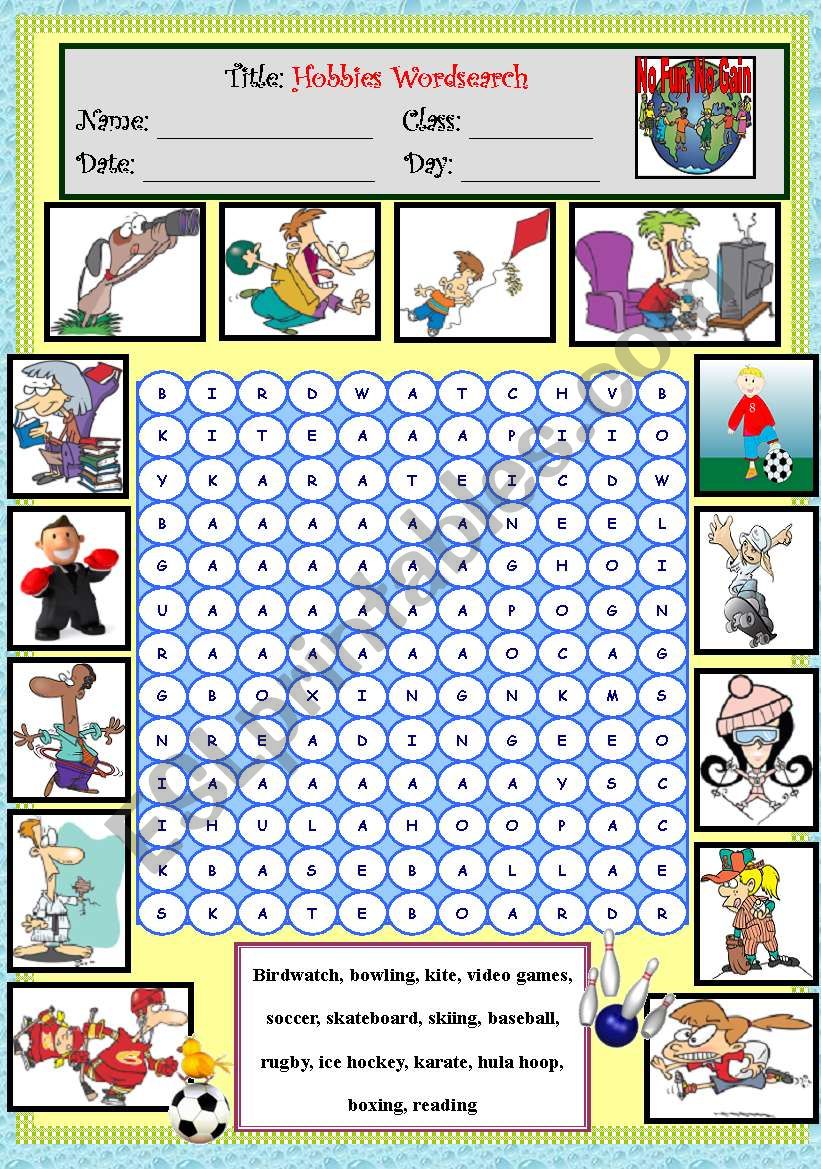 HOBBIES WORDSEARCH ESL Worksheet By Arielmlee