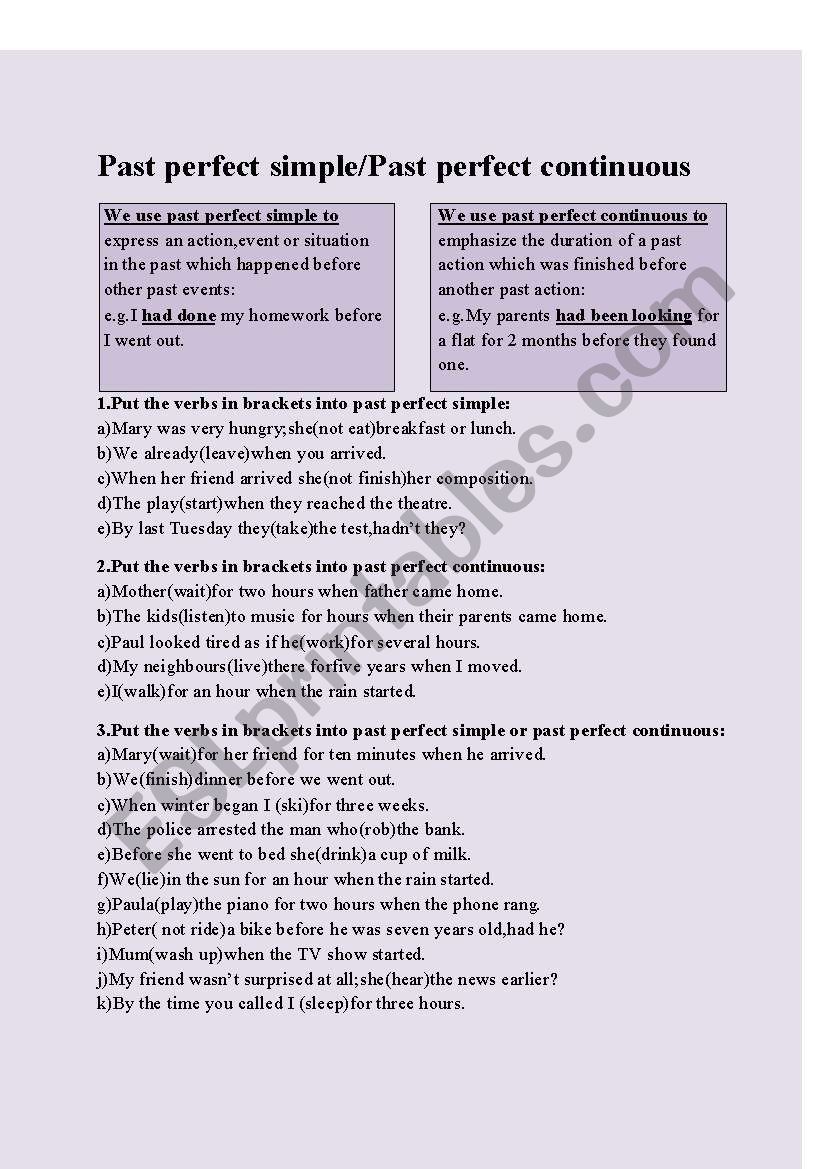 Past perfect simple/past perfect continuous - ESL worksheet by tinutza_77