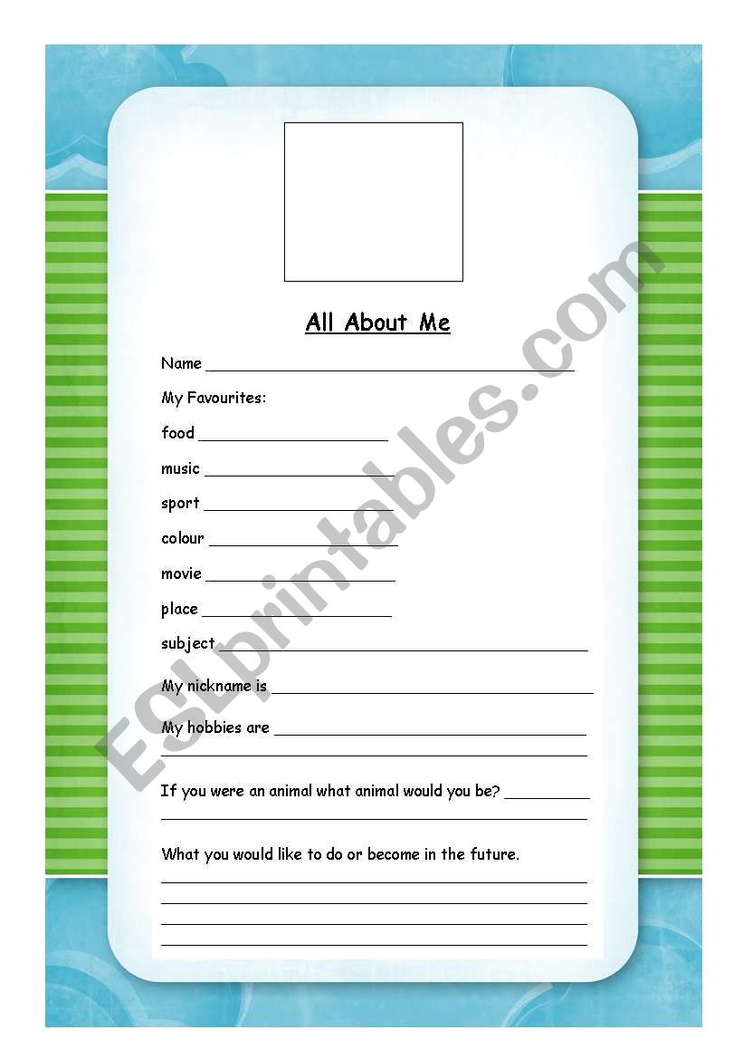 All About Me worksheet