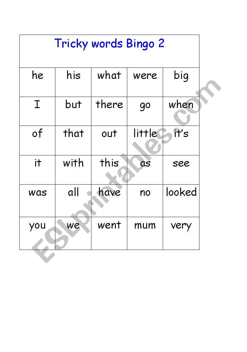 Tricky words bingo worksheet