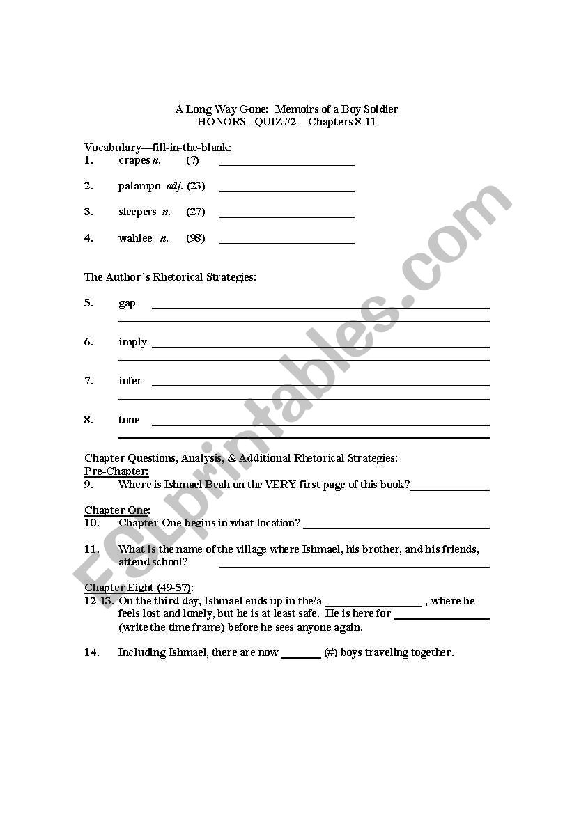 A Long Way Gone Quiz #2 worksheet