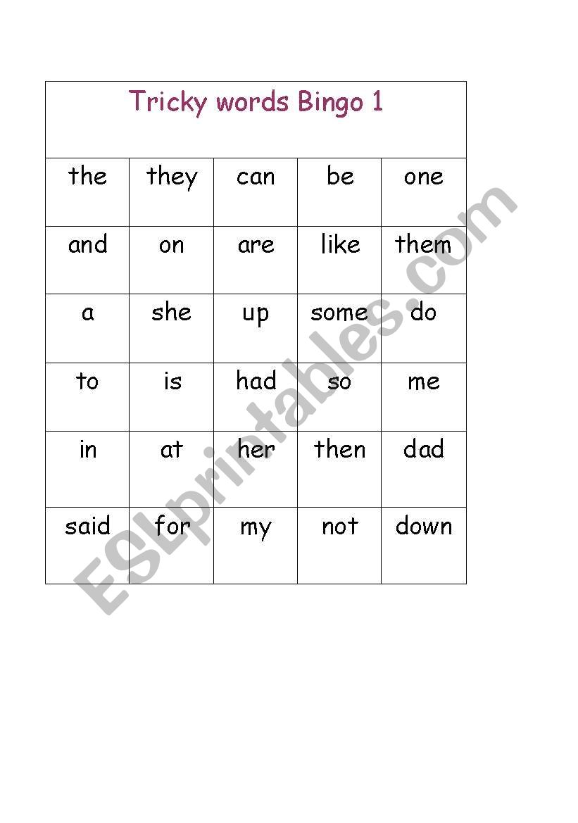 Tricky words bingo 1 worksheet