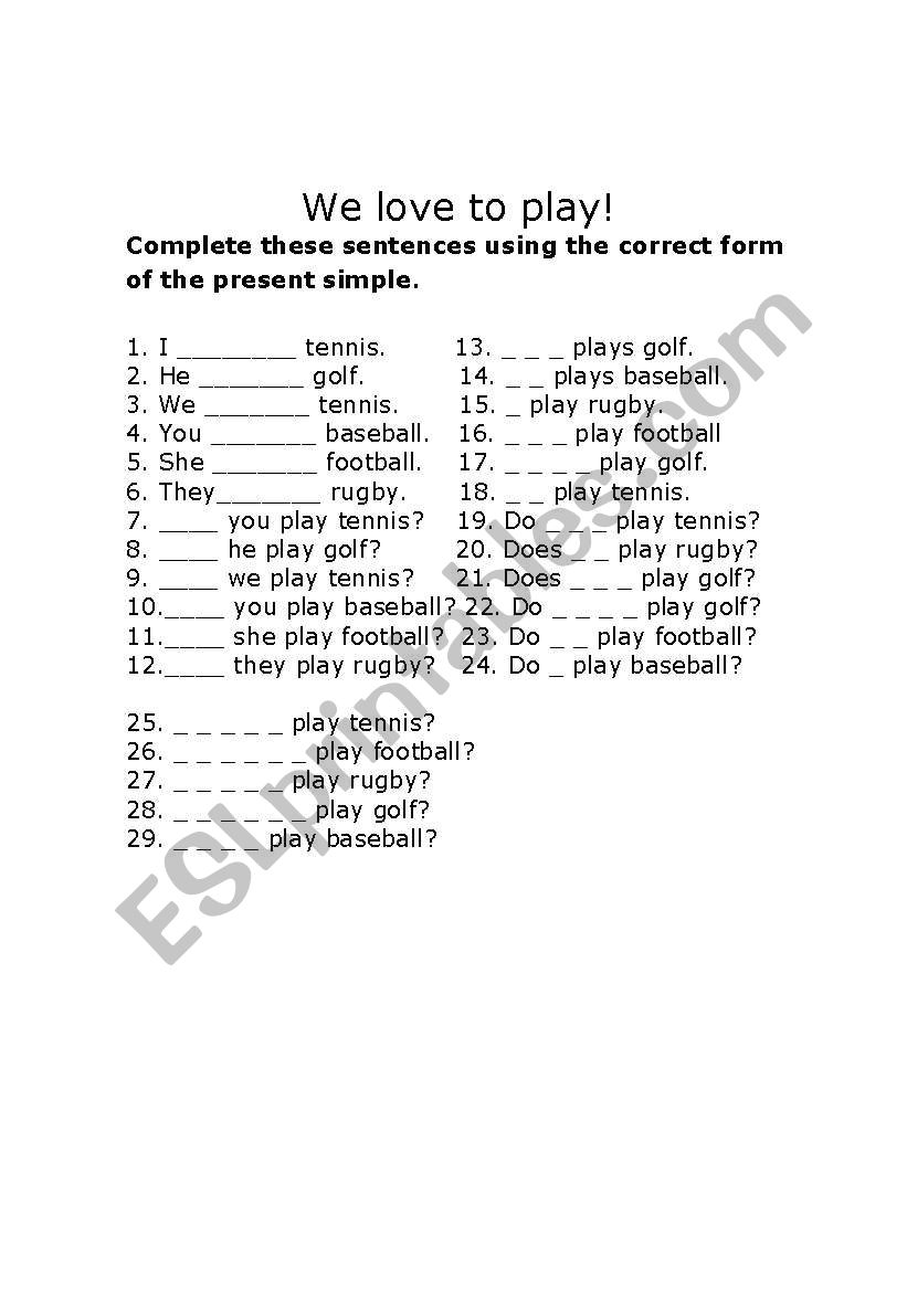 we love to play worksheet