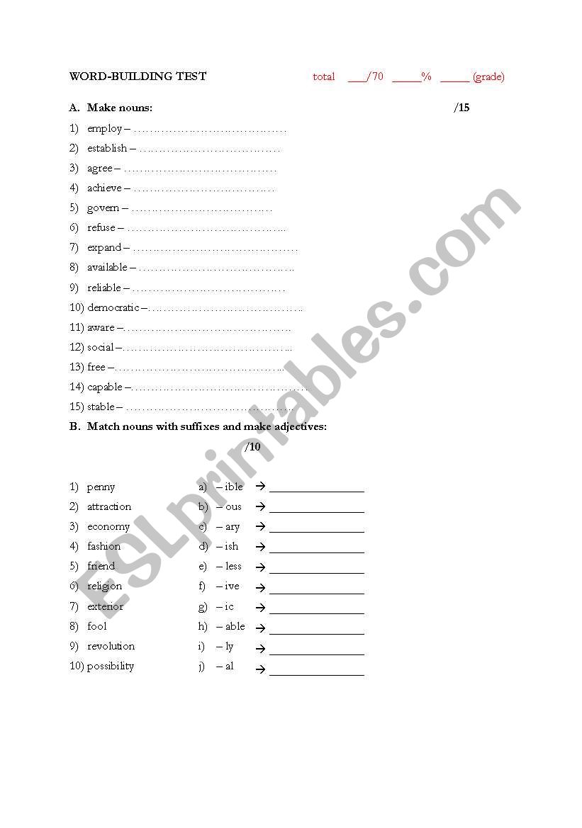 word building test worksheet