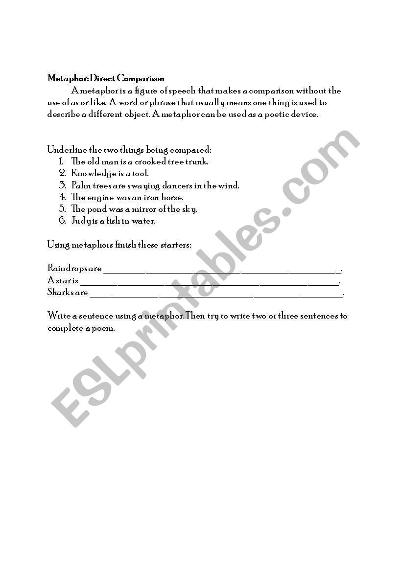 Metaphor Activity worksheet