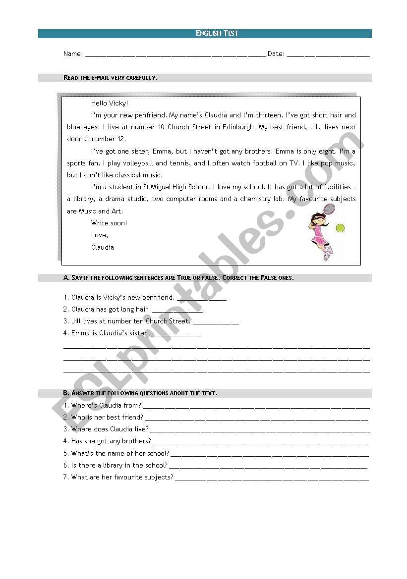 Claudia´s email - ESL worksheet by xande