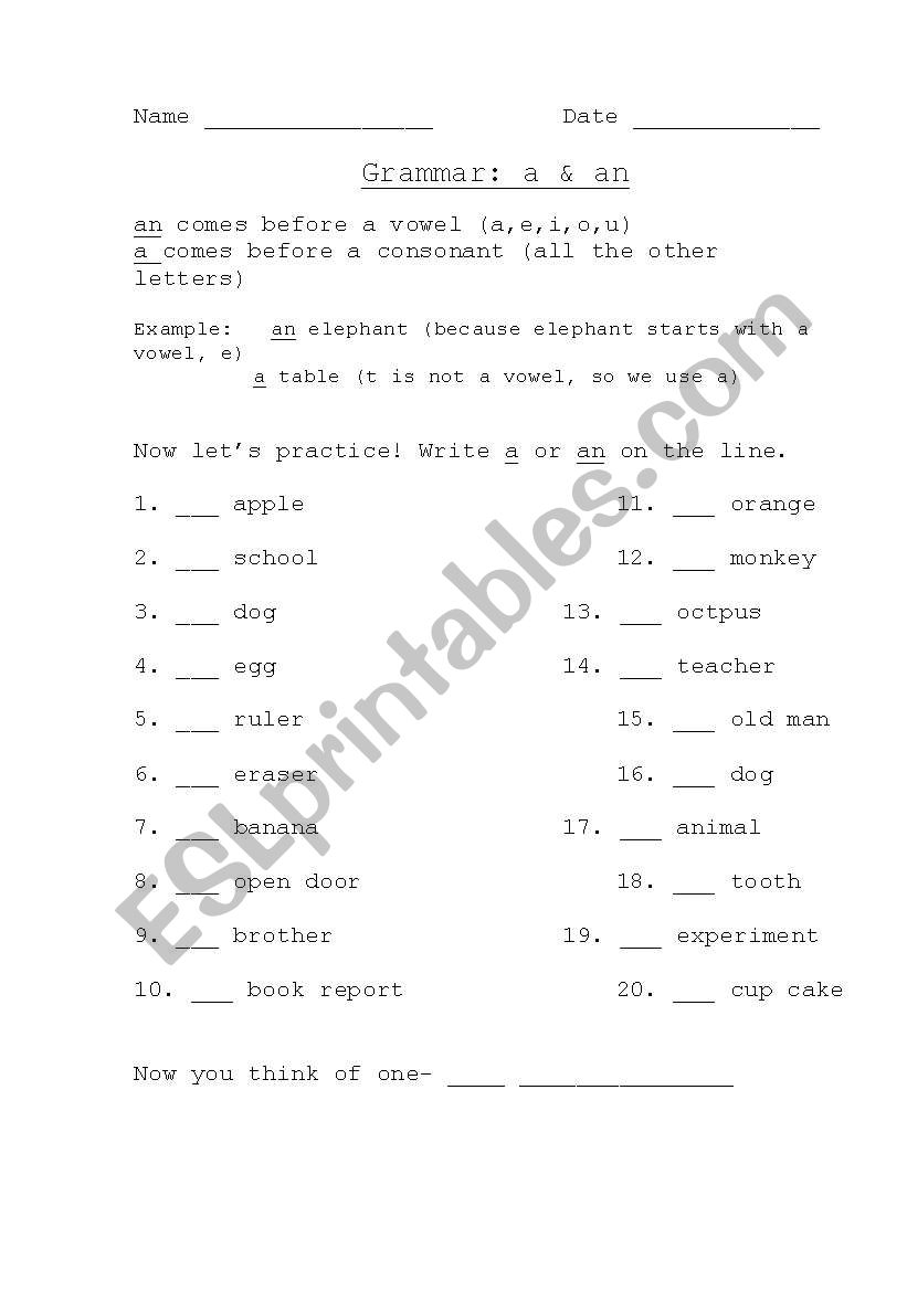 usimg a or an worksheet