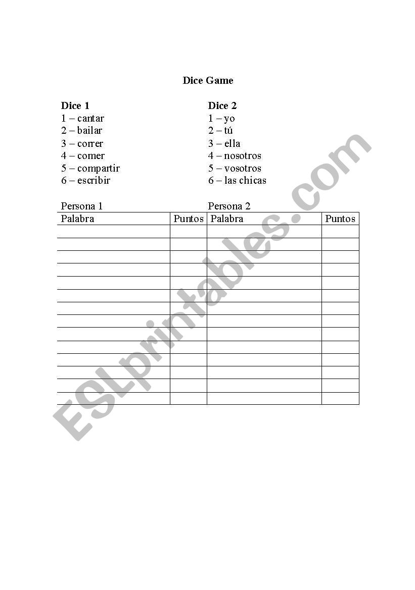 Dice Game (verb conjugation) worksheet