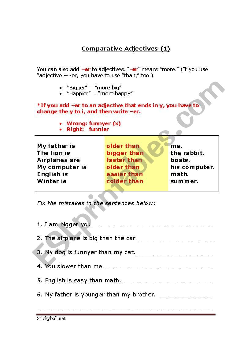 comparative worksheet worksheet