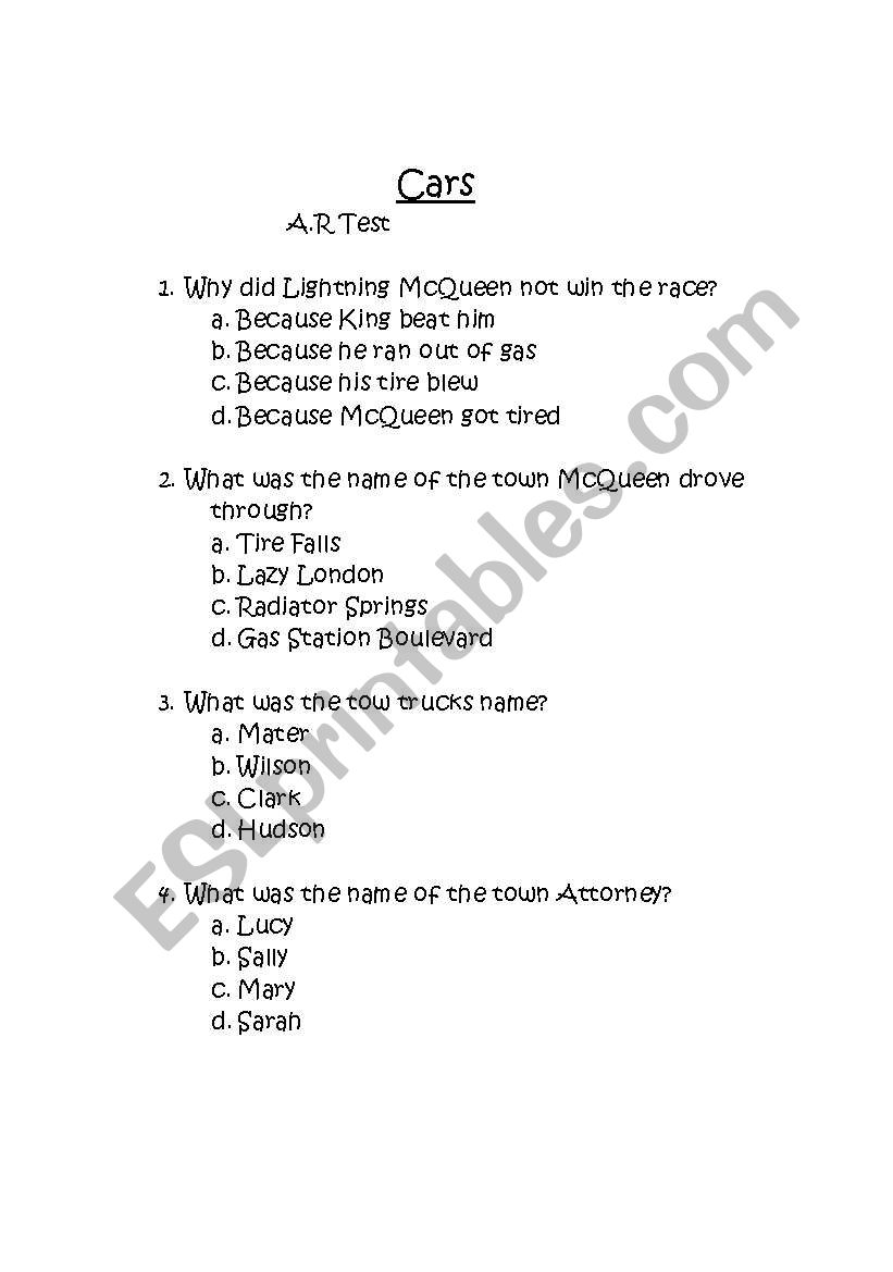 Pixars Cars A.R Test worksheet