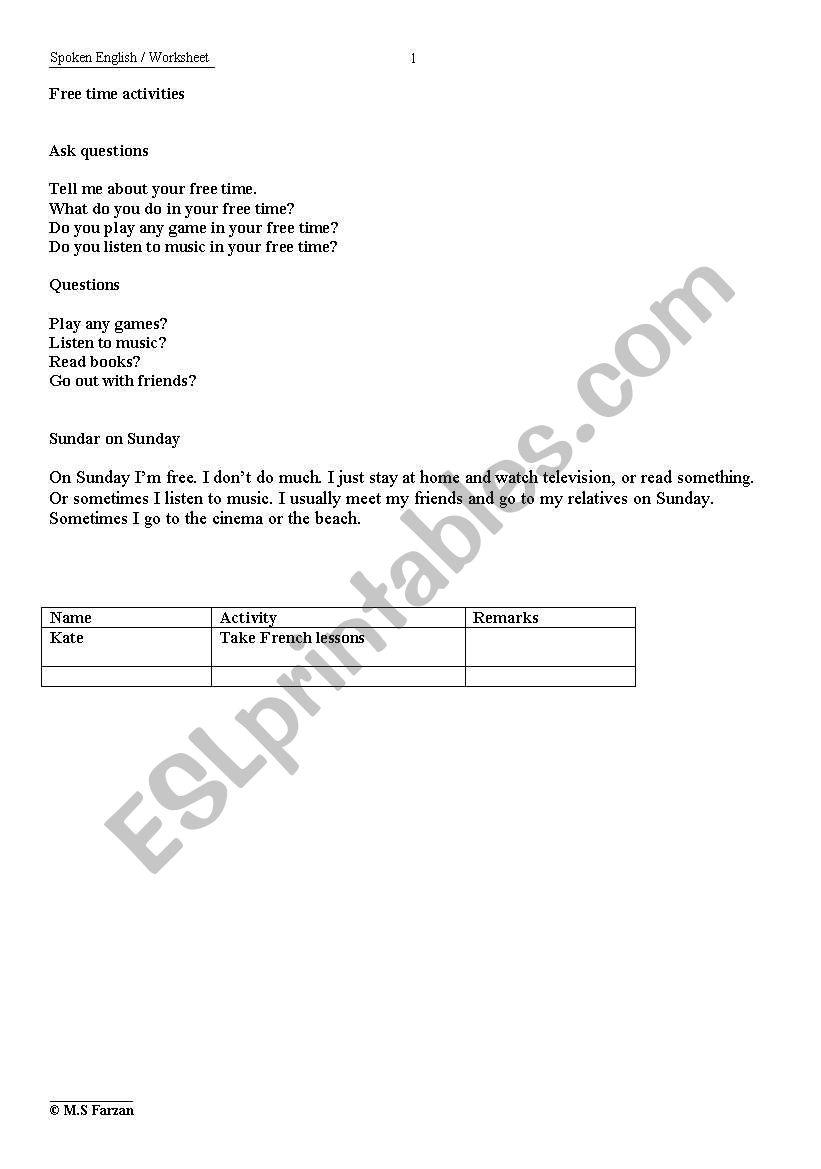 Free time worksheet