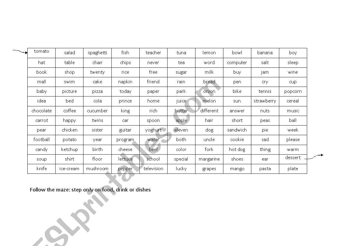 Food maze worksheet