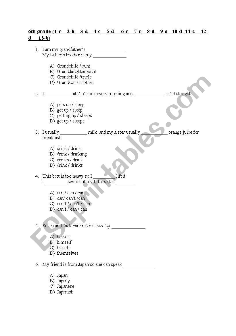 Test for 6th and 7th grades worksheet
