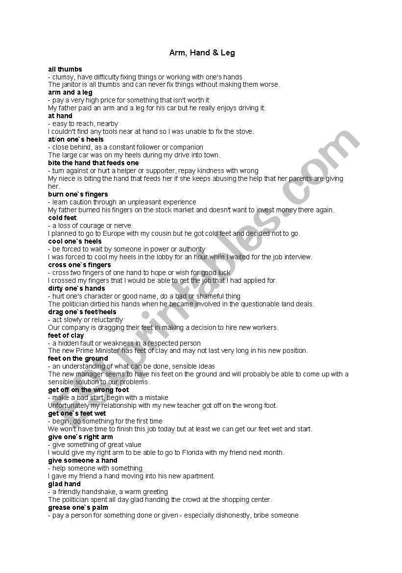 body parts idioms worksheet