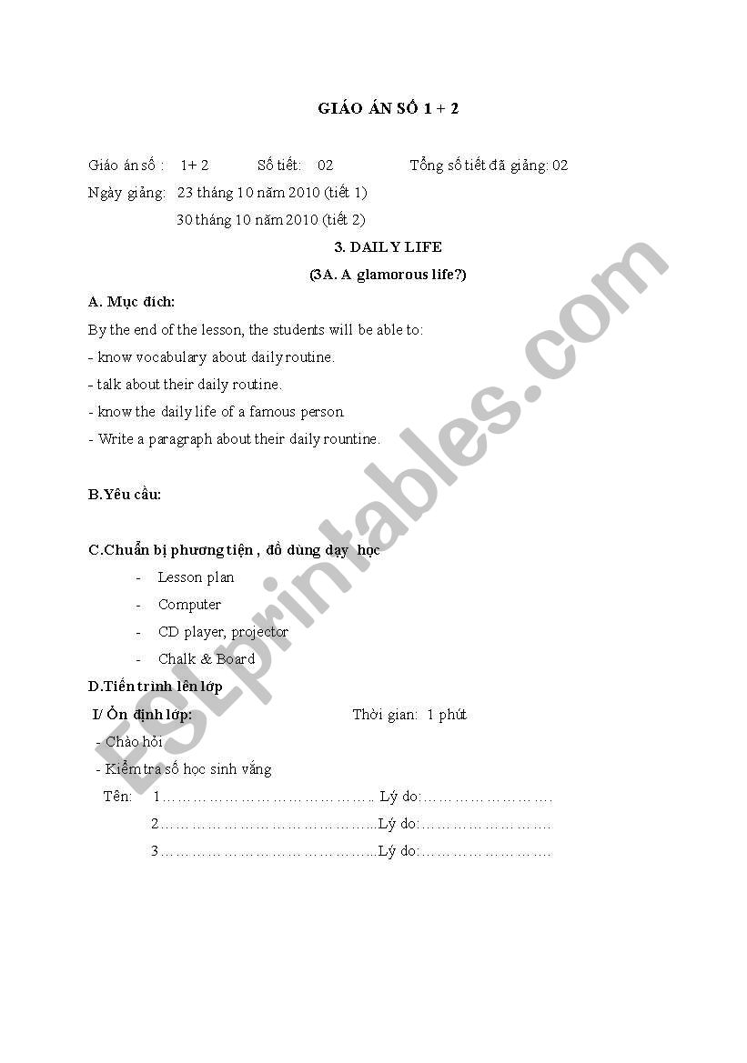 lesson plan - Daily life worksheet