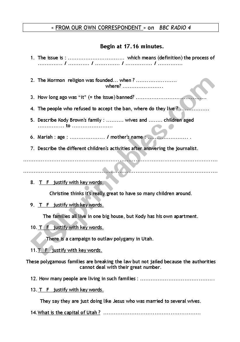 Polygamy in Utah worksheet