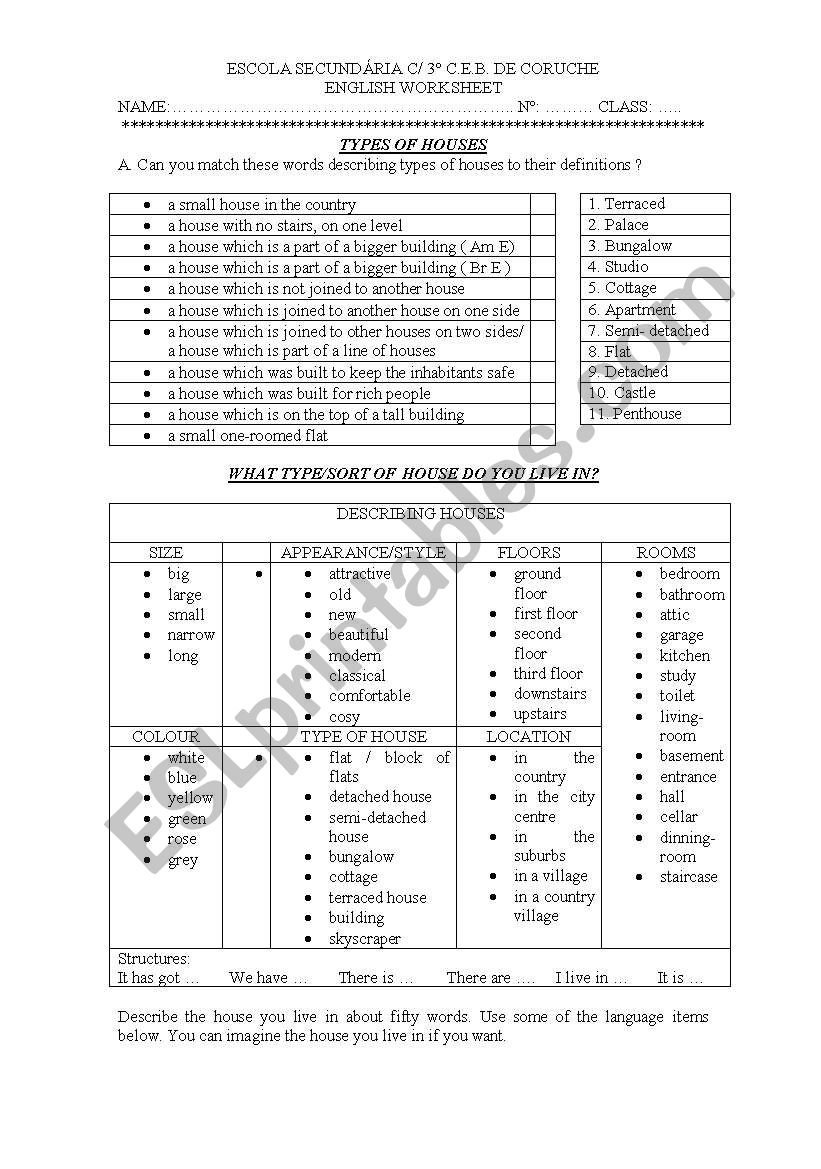 type of house worksheet