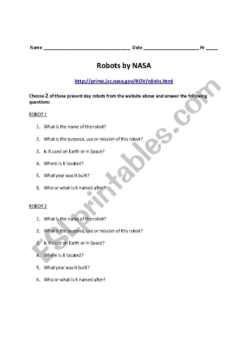 NASA Robots worksheet