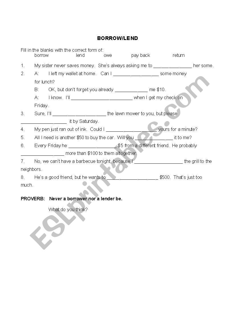 Borrow or Lend? worksheet