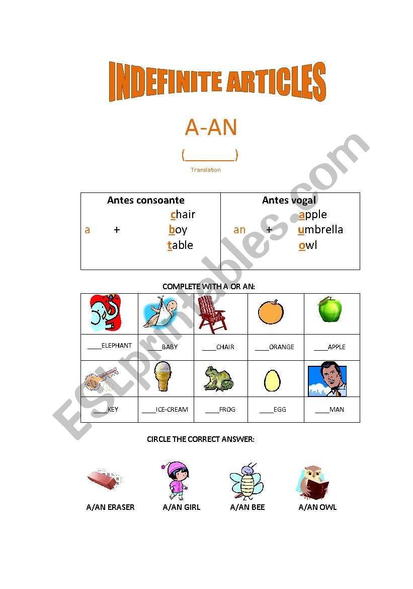 INDEFINITE ARTICLES worksheet