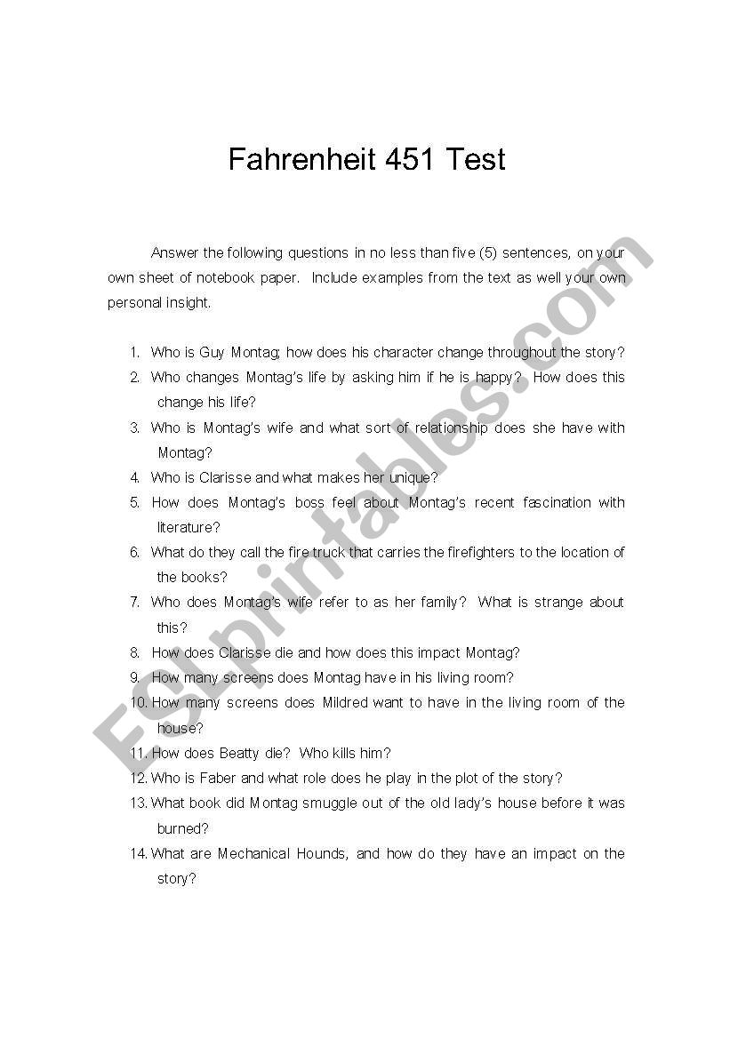 Fahrenheit 451 Test worksheet