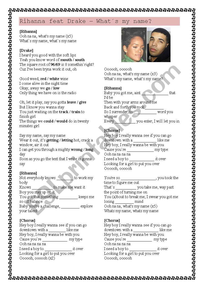 Rihanna feat Drake - What´s my name? Song - ESL worksheet by sneshorn