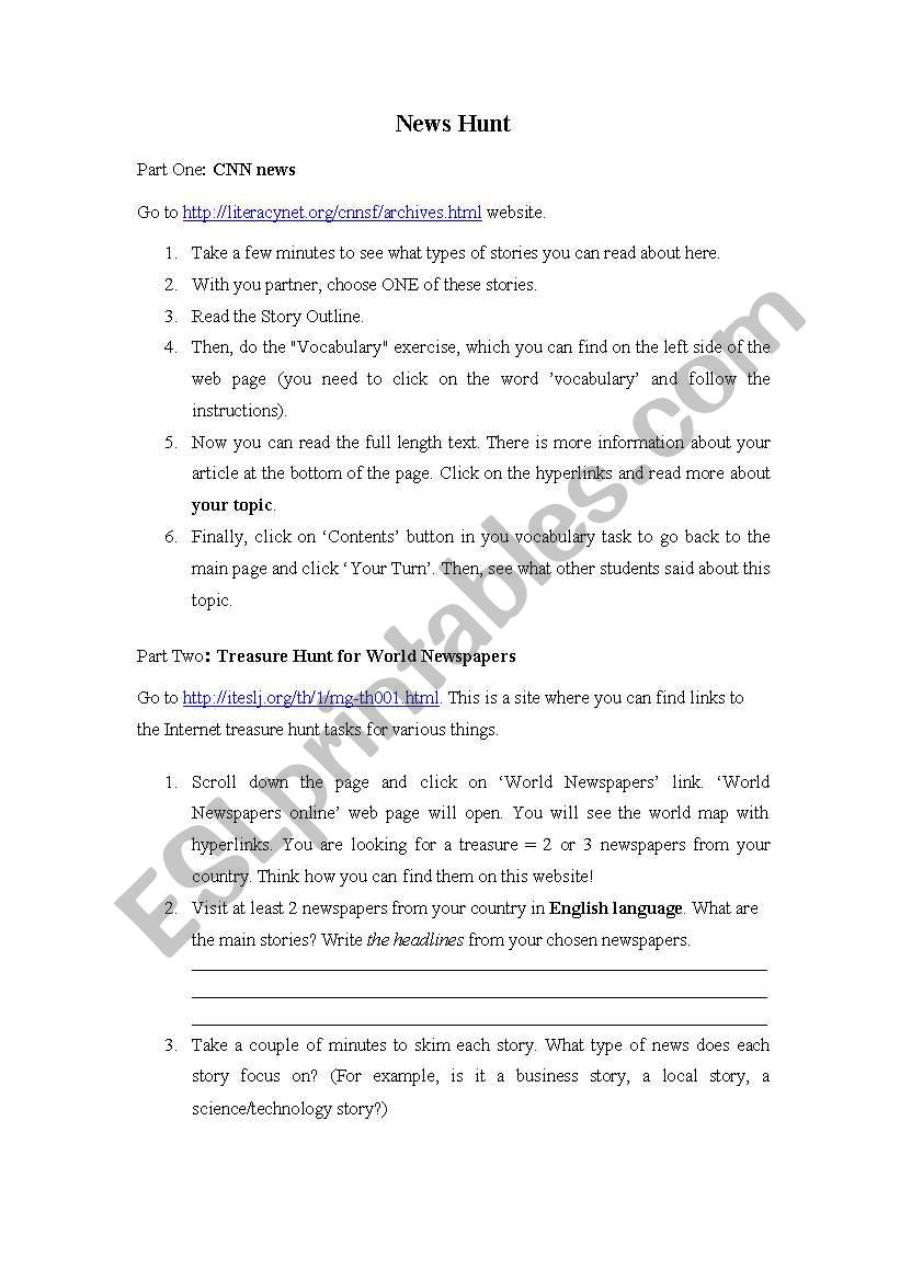 News hunt worksheet