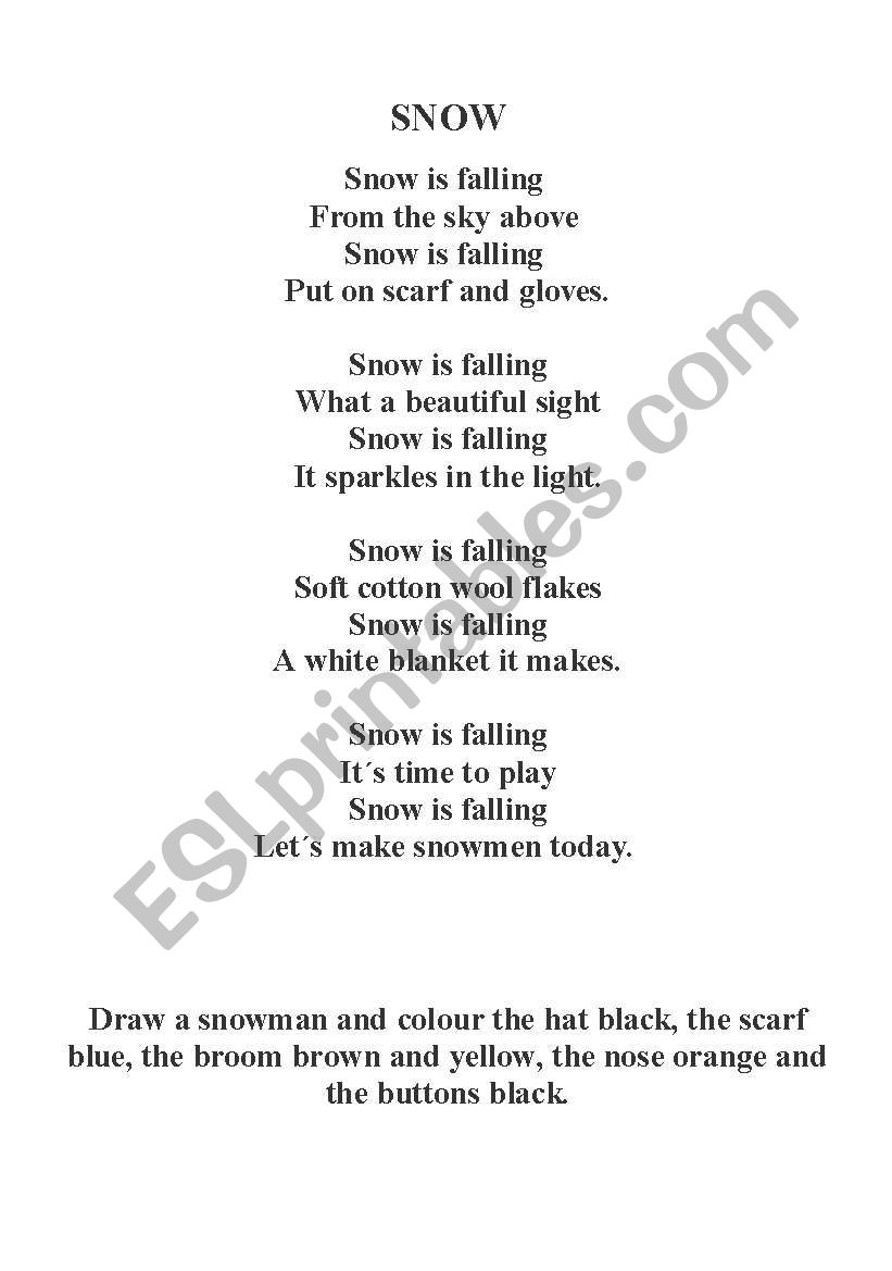 English worksheets: Winter poem: Snow. Poem and activity