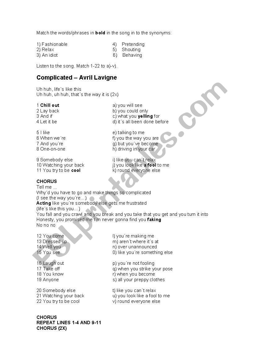 Avril Lavigne - Complicated worksheet