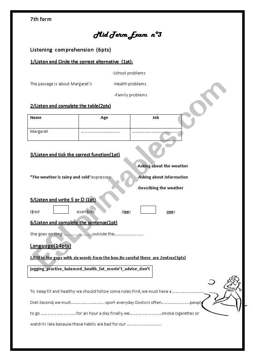 mid term exam 7th form worksheet