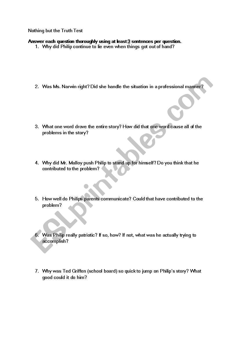 Nothing But the Truth Test worksheet