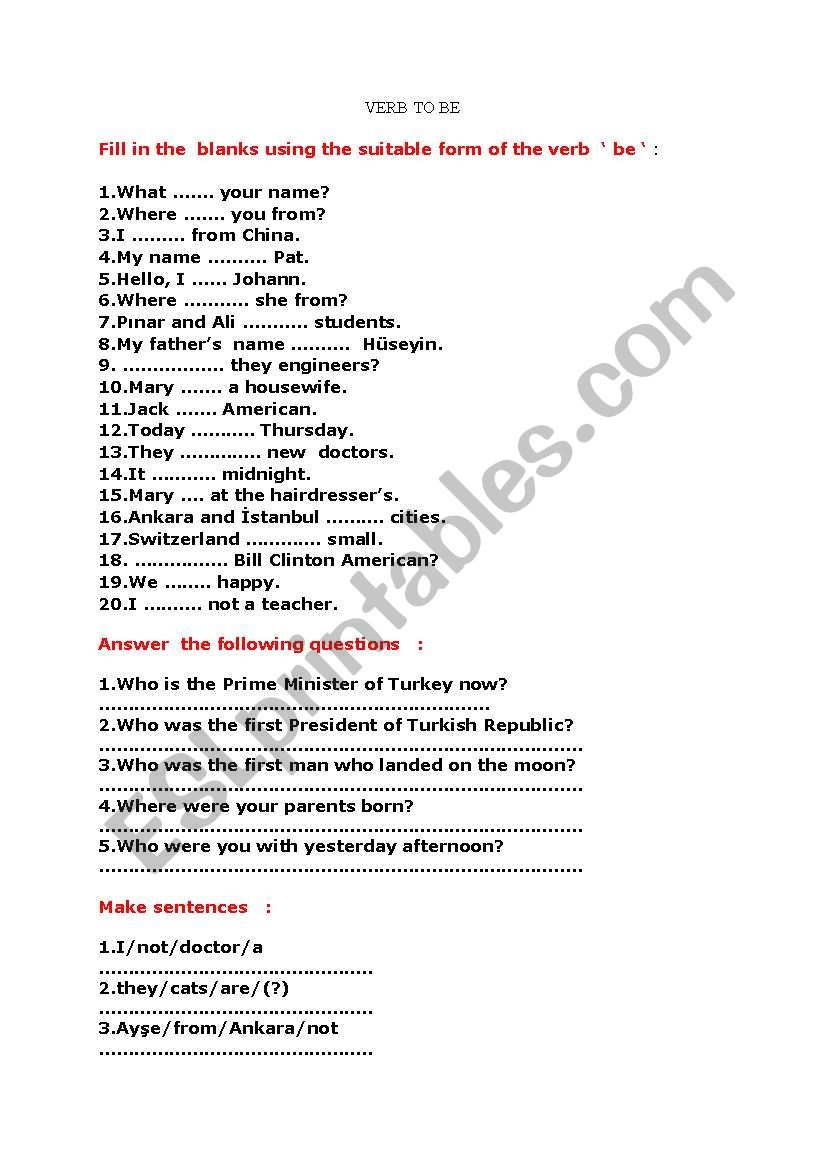 verb to be worksheet