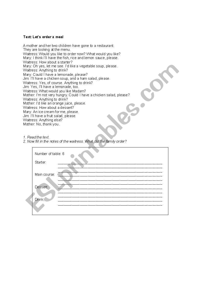 Let´s order a meal - ESL worksheet by Trantor