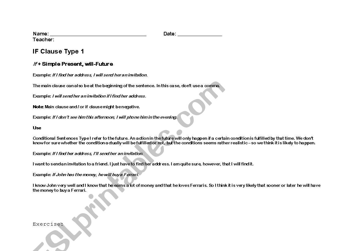 Conditional type 1 worksheet