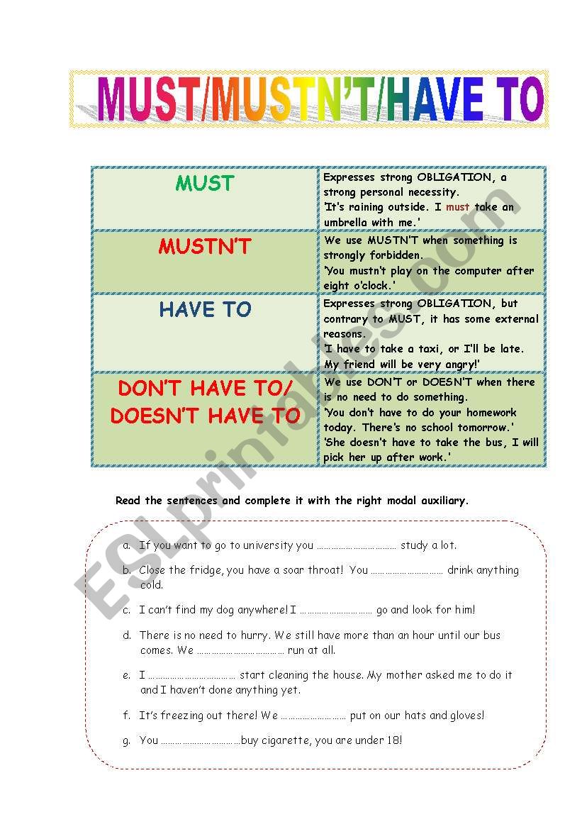 Must Mustnt Have To Esl Worksheet By Loralay