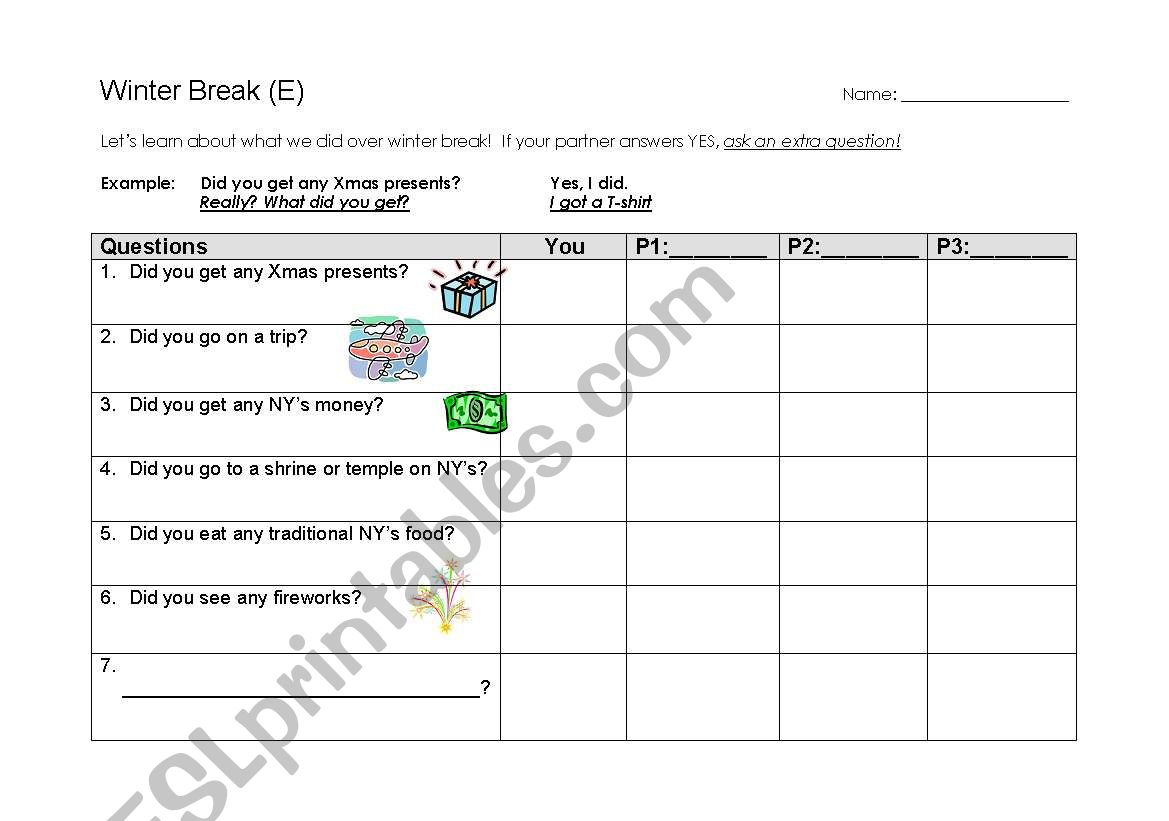 Winter Break Survey worksheet