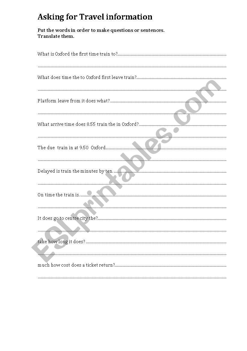 travel information worksheet