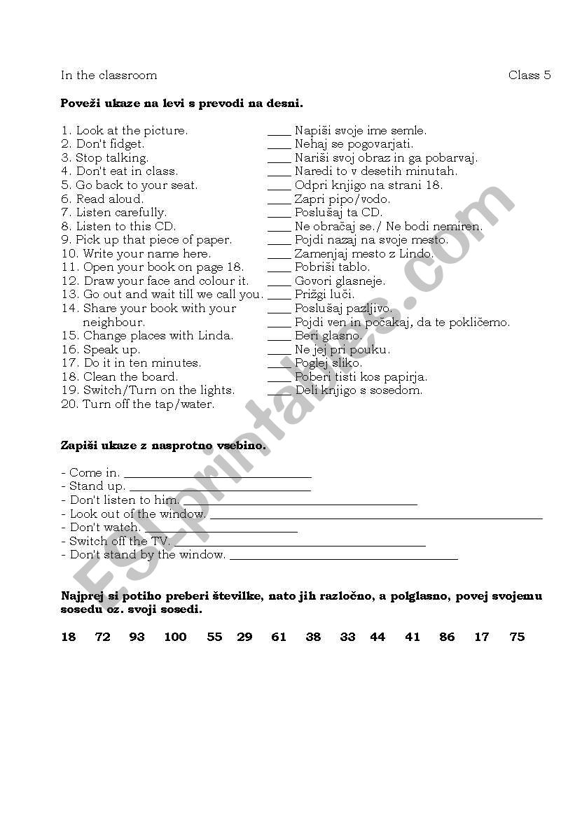 IN THE CLASSROOM worksheet