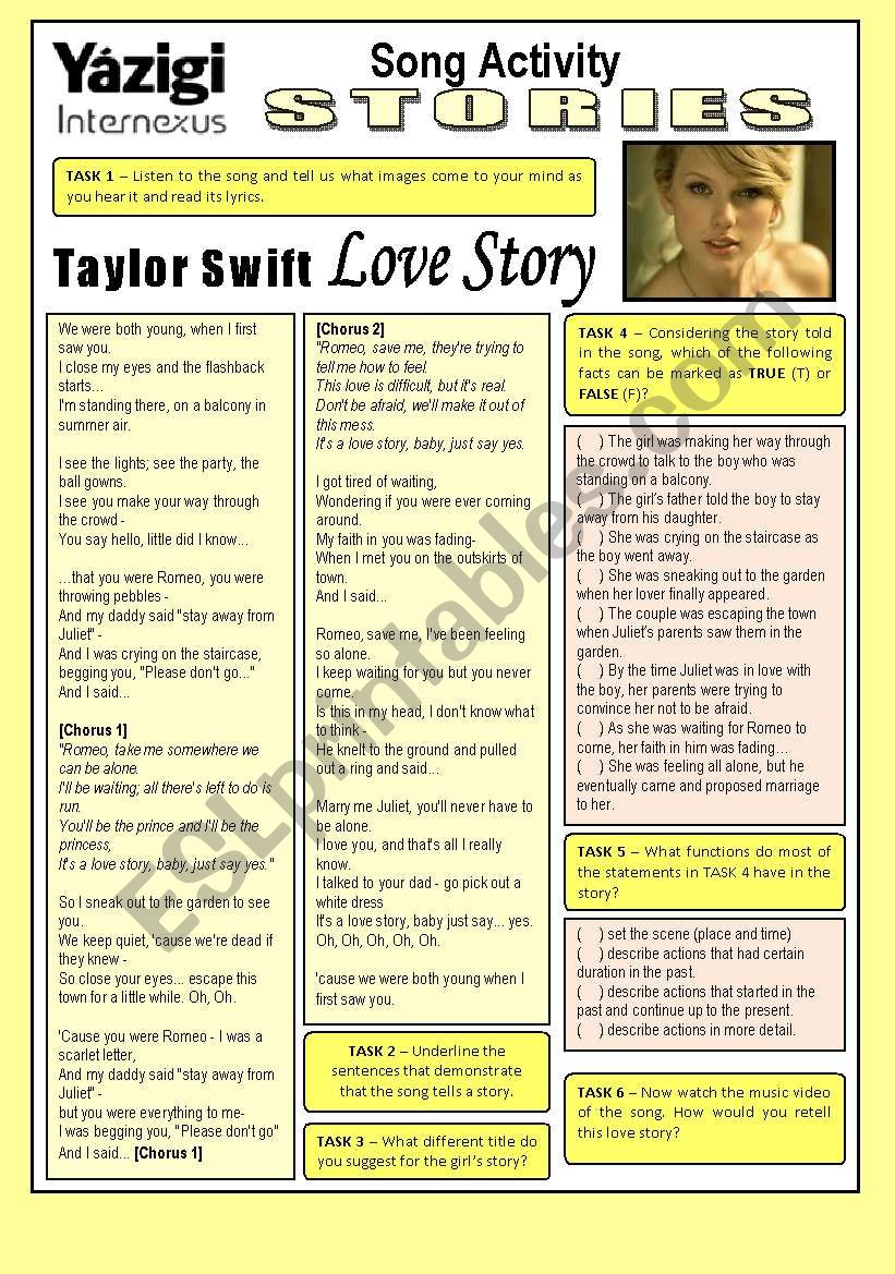 Song Activity - LOVE STORY (By Taylor Swift) - Stories/Preparation for the Study of Past Continuous