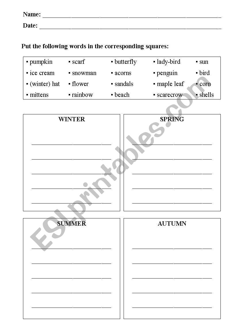 Seasons exercise worksheet