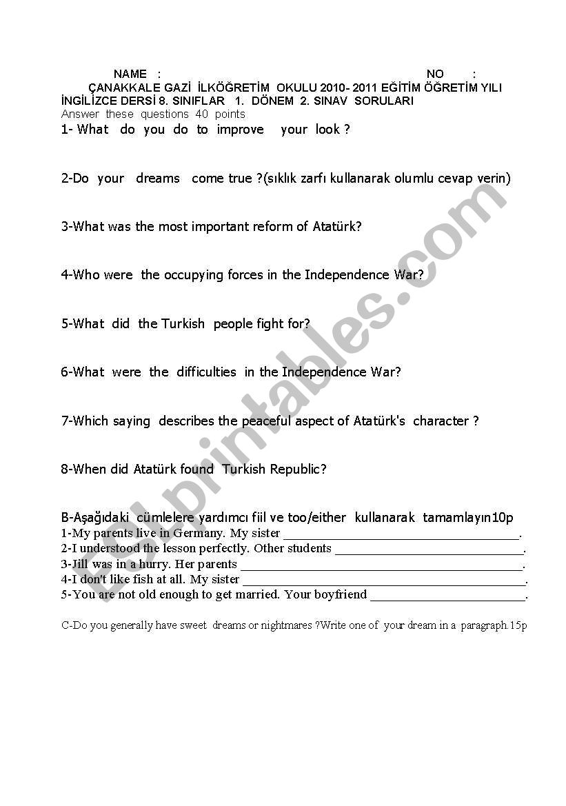 Examinations worksheet