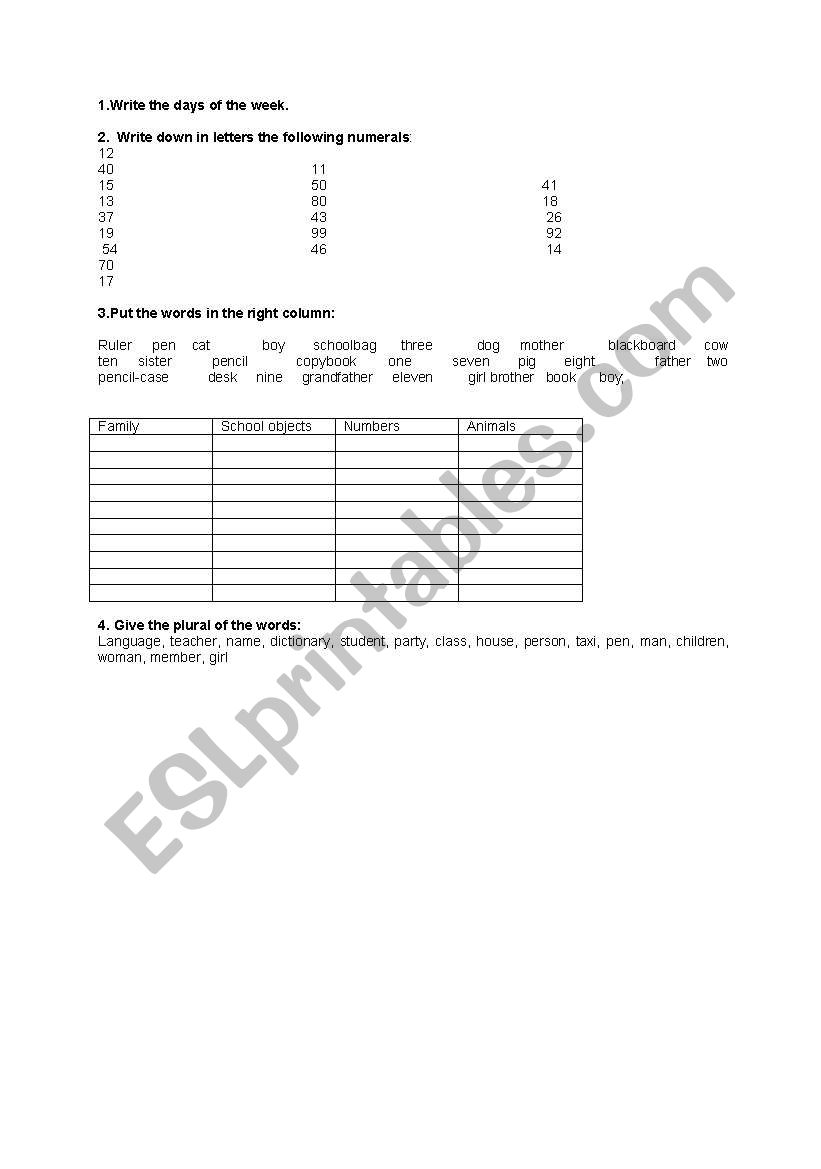 test family  numbers worksheet