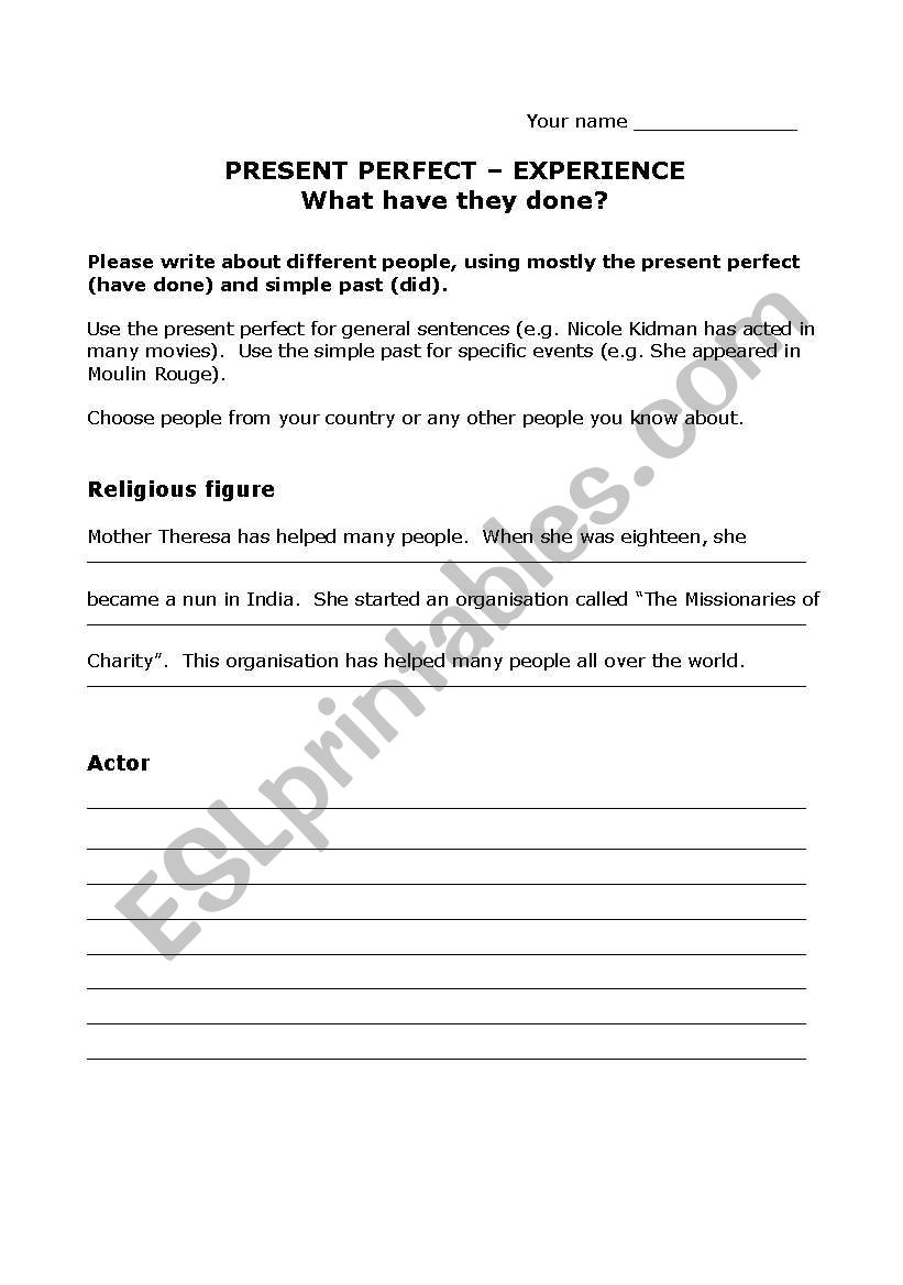 Present Perfect - Experience worksheet