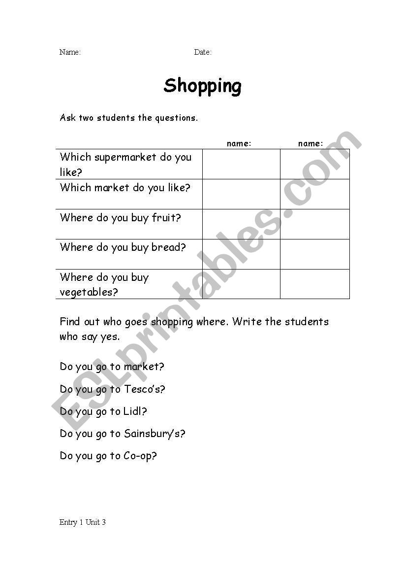 Shopping worksheet