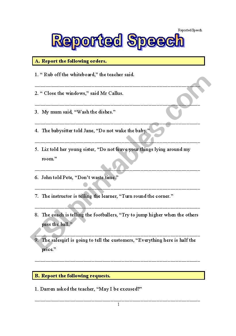 reported speech commands exercises pdf