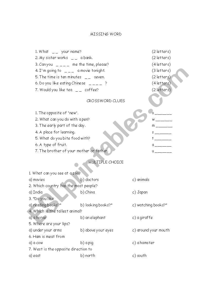 Easy quiz worksheet