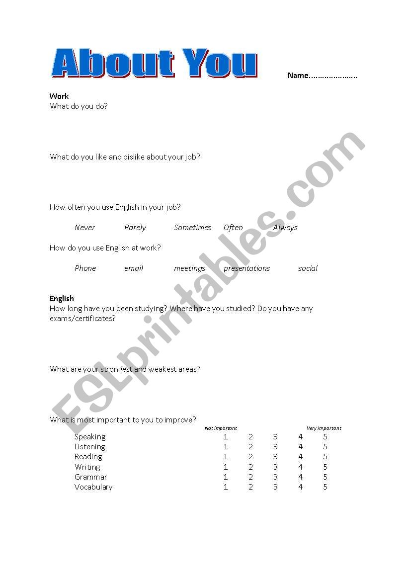 First Lesson Questionnaire worksheet