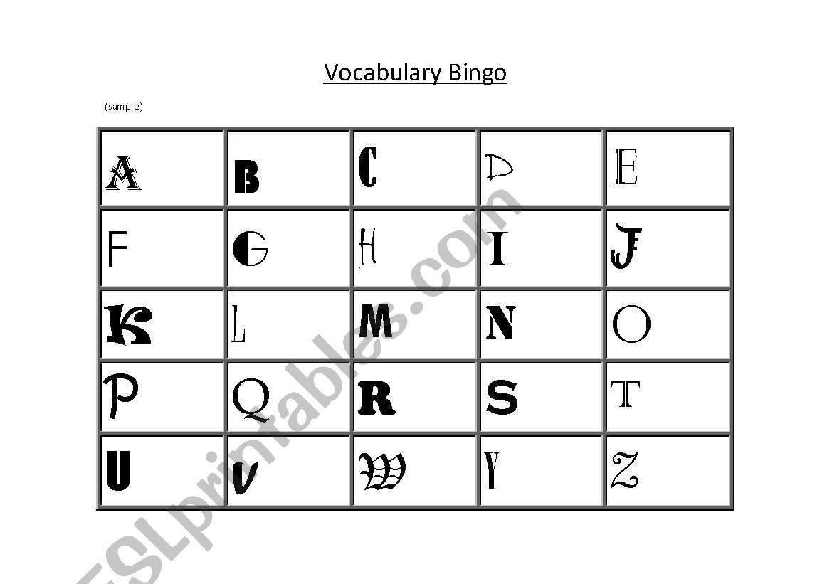 vocabulary bingo worksheet