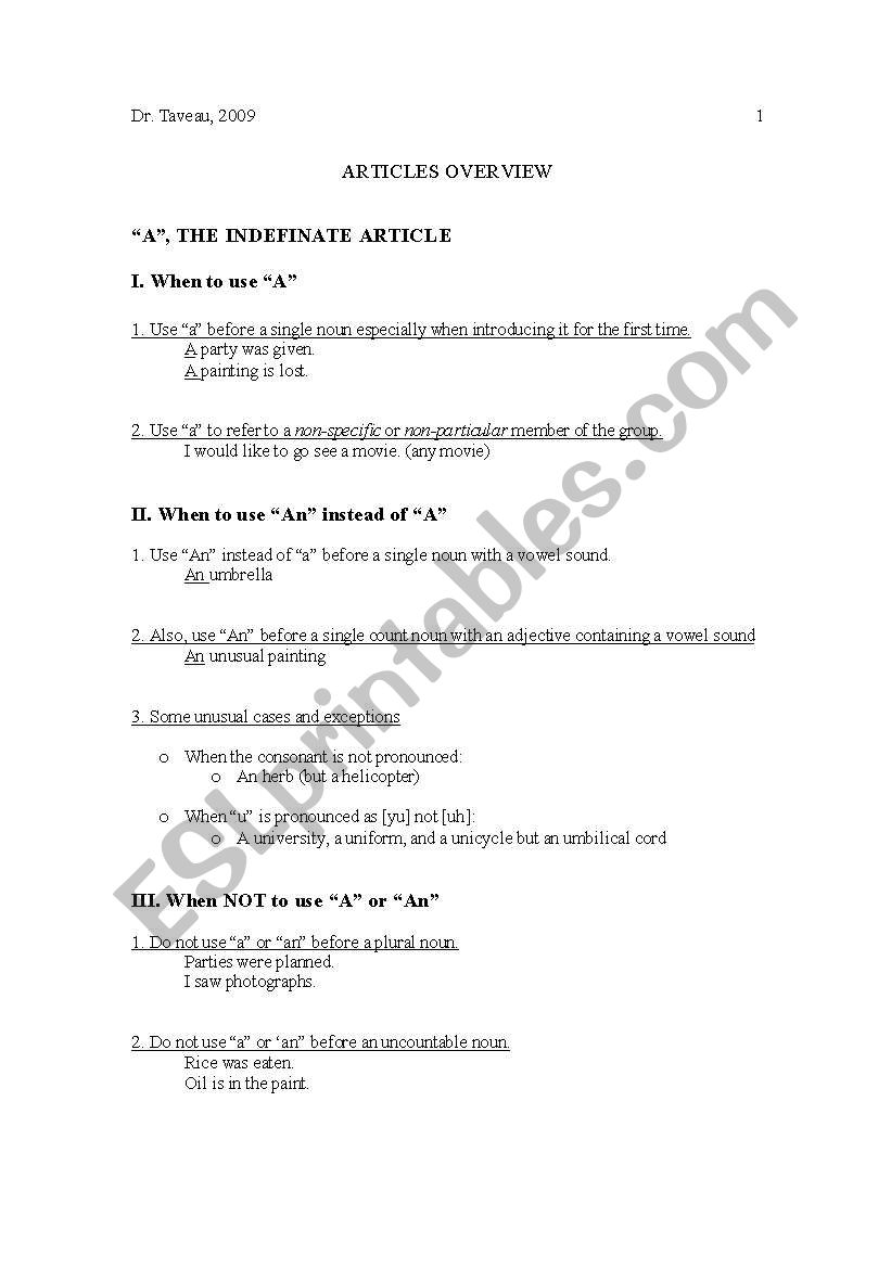 Articles worksheet